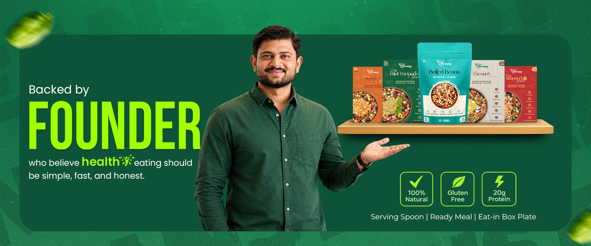 Man in green shirt standing next to food packages with 'Founder' branding on a green background