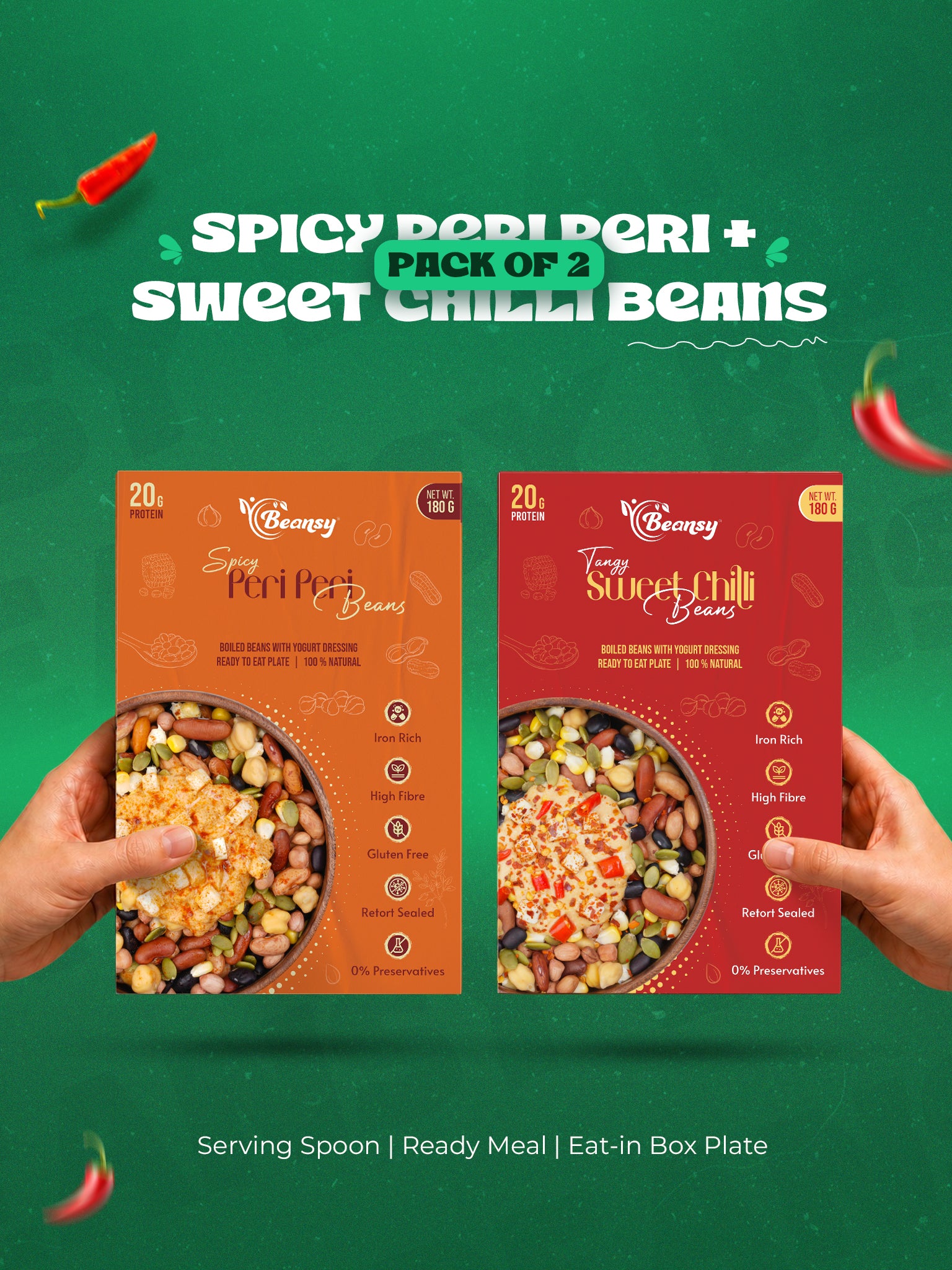 Two packages of spicy peri peri and sweet chilli beans held by hands against a green background with text.