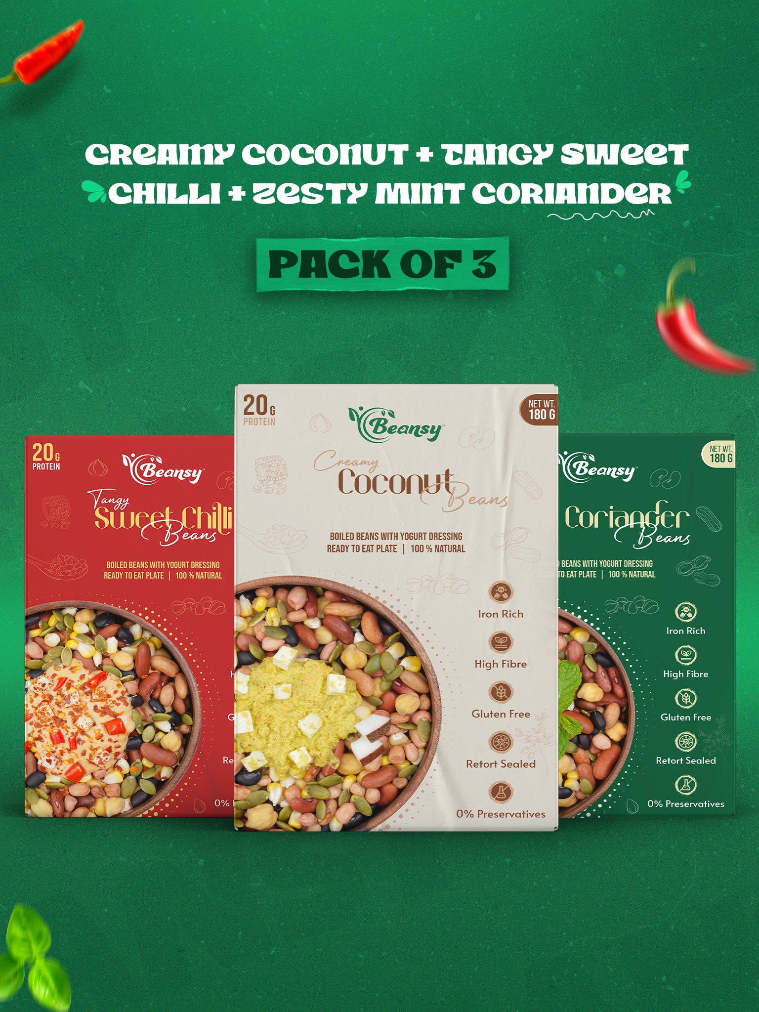 Three packages of Bournays food products on a green background with text describing flavors.