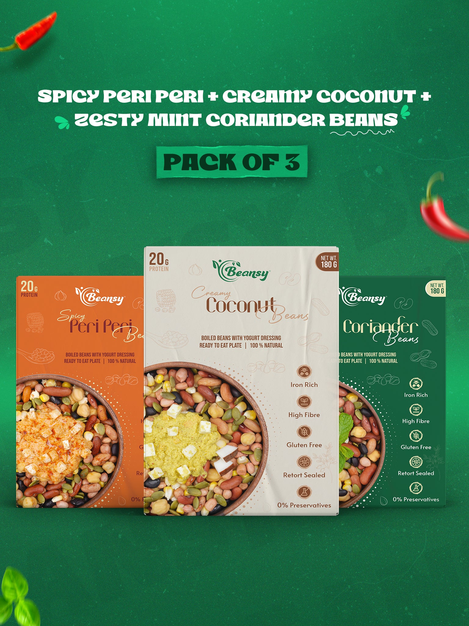 Three packages of different bean mixes on a green background with text indicating flavor combinations.