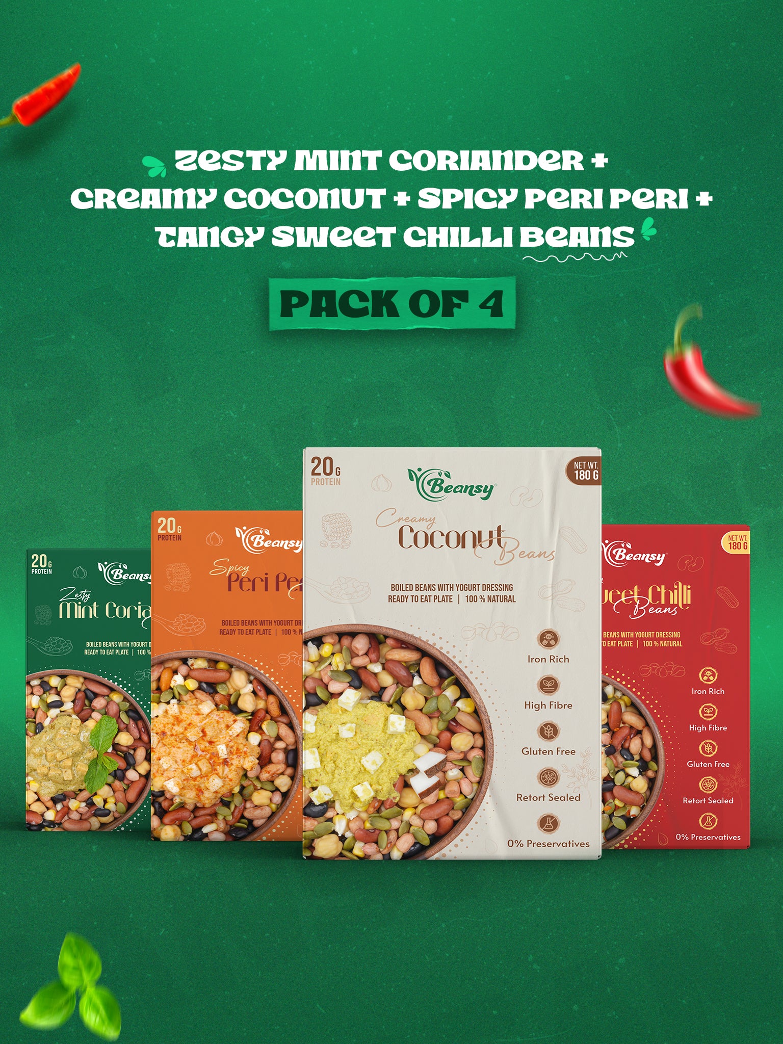 Four packages of a food product with text on a green background