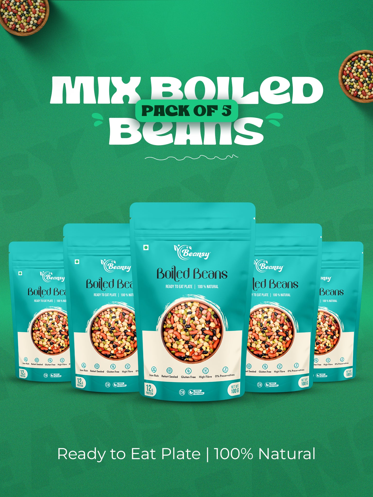 Packaging of boiled beans with a green background and text indicating 'Mix Boiled Beans Pack of 3'.