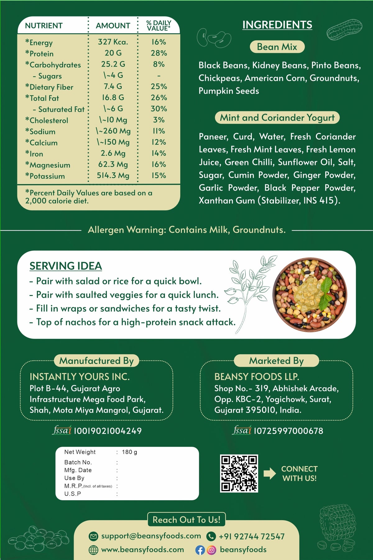 Zesty Mint Coriander Beans nutrition facts