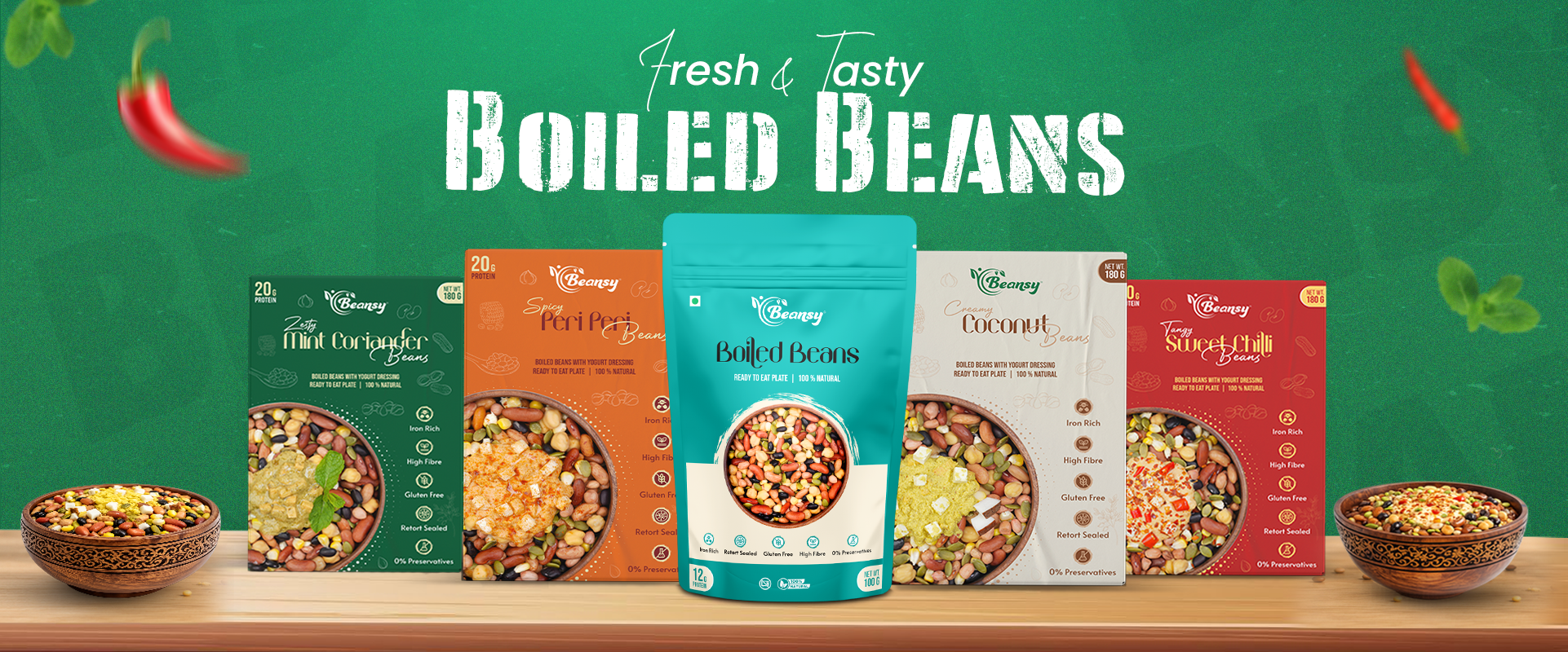 Various packages of boiled beans with a green background and text.