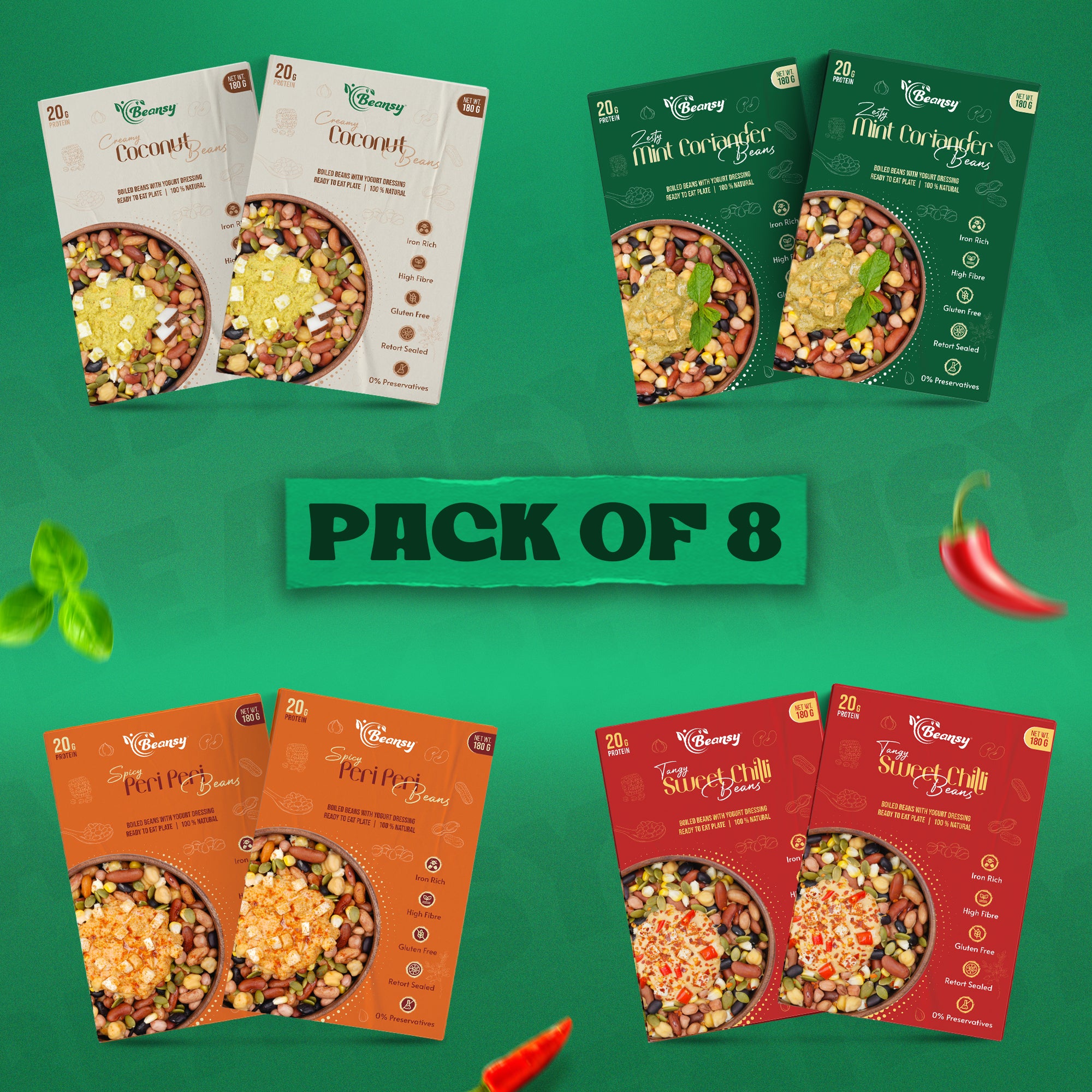 Zesty Mint Coriander Beans(180 gm x 2 box) + Creamy Coconut Beans(180 gm x 2 box) + Spicy Peri Peri Beans(180 gm x 2 box) + Tangy Sweet Chilli Beans(180 gm x 2 box)