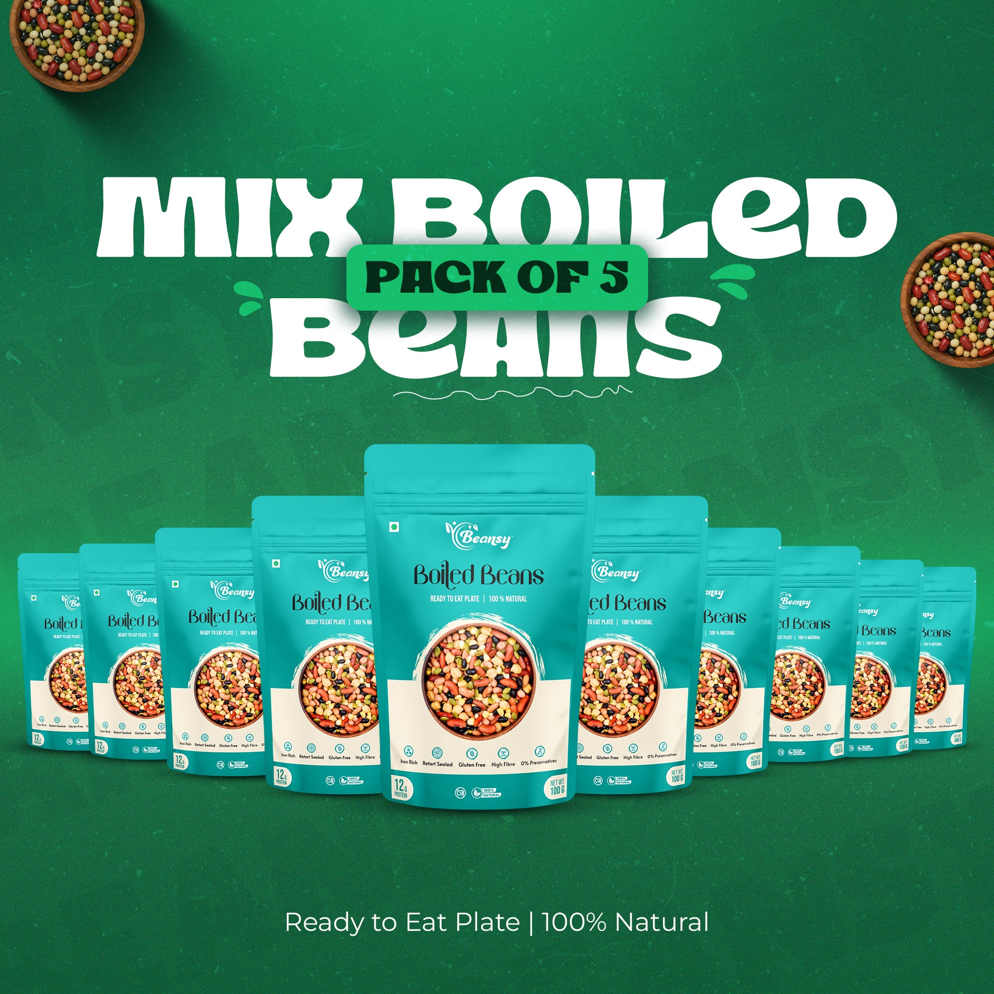 Packaging of boiled beans with a green background and text indicating 'Mix Boiled Beans Pack of 5'.