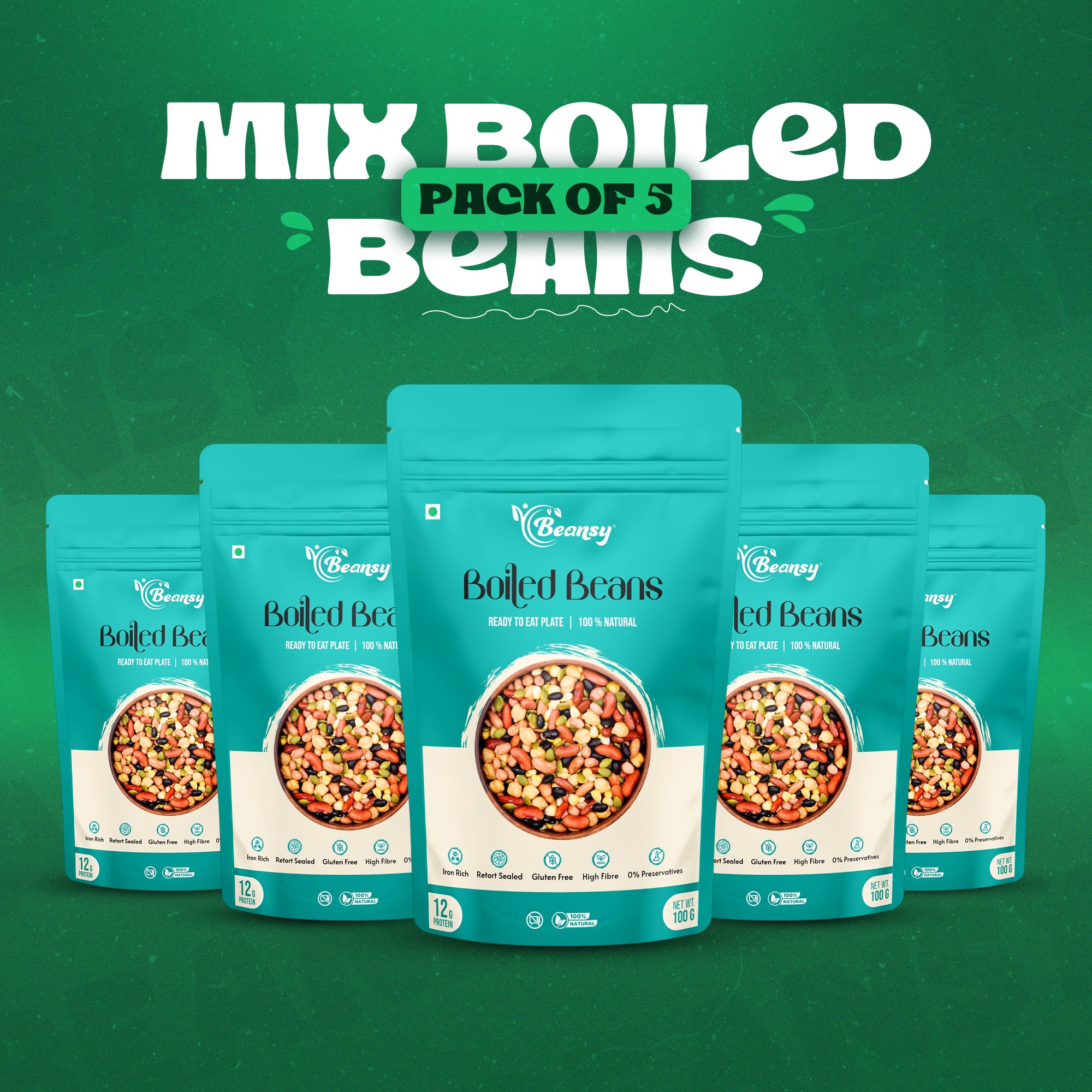 Pack of 5 Boiled Beans packages on a green background with 'Beany' branding.