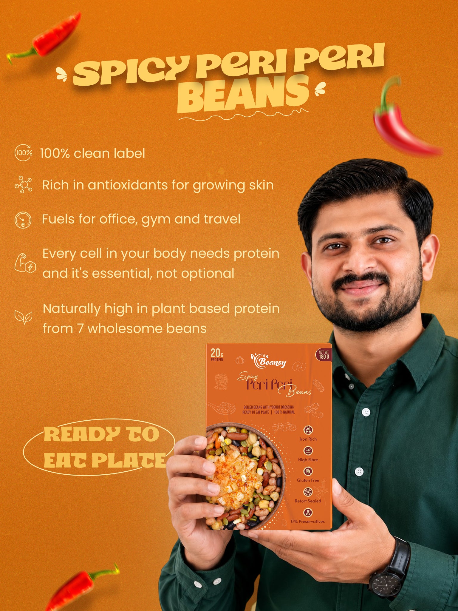 Man holding a package of 'Spicy Peri Peri Beans' with promotional text on an orange background