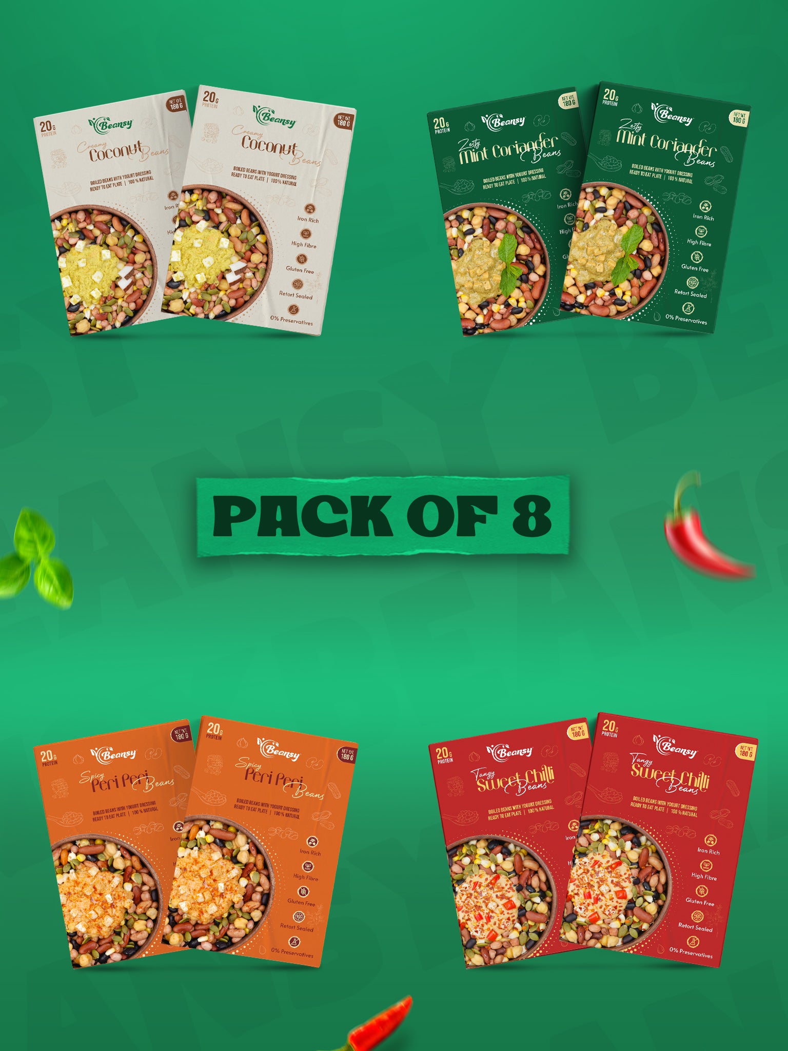 Assorted packages of food items on a green background with 'Pack of 8' text.
