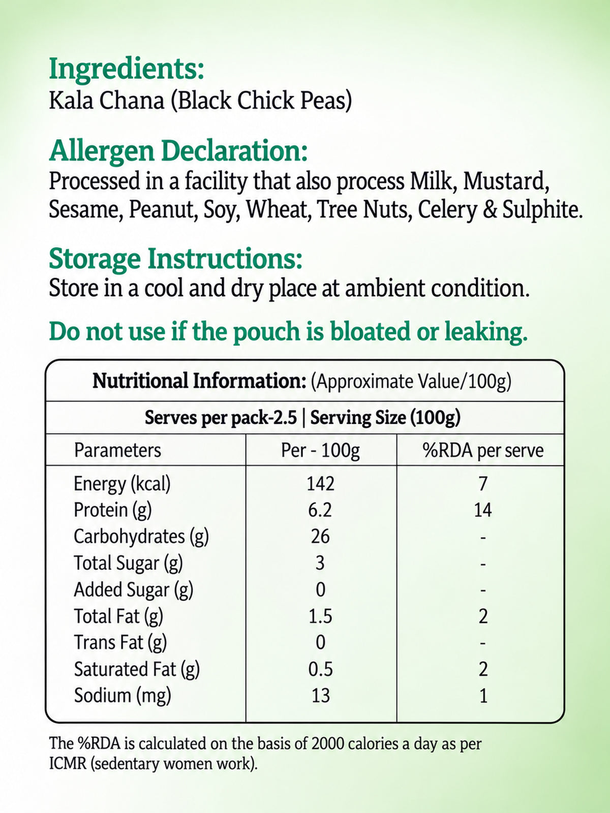 Cooked Kala Chana nutrition facts