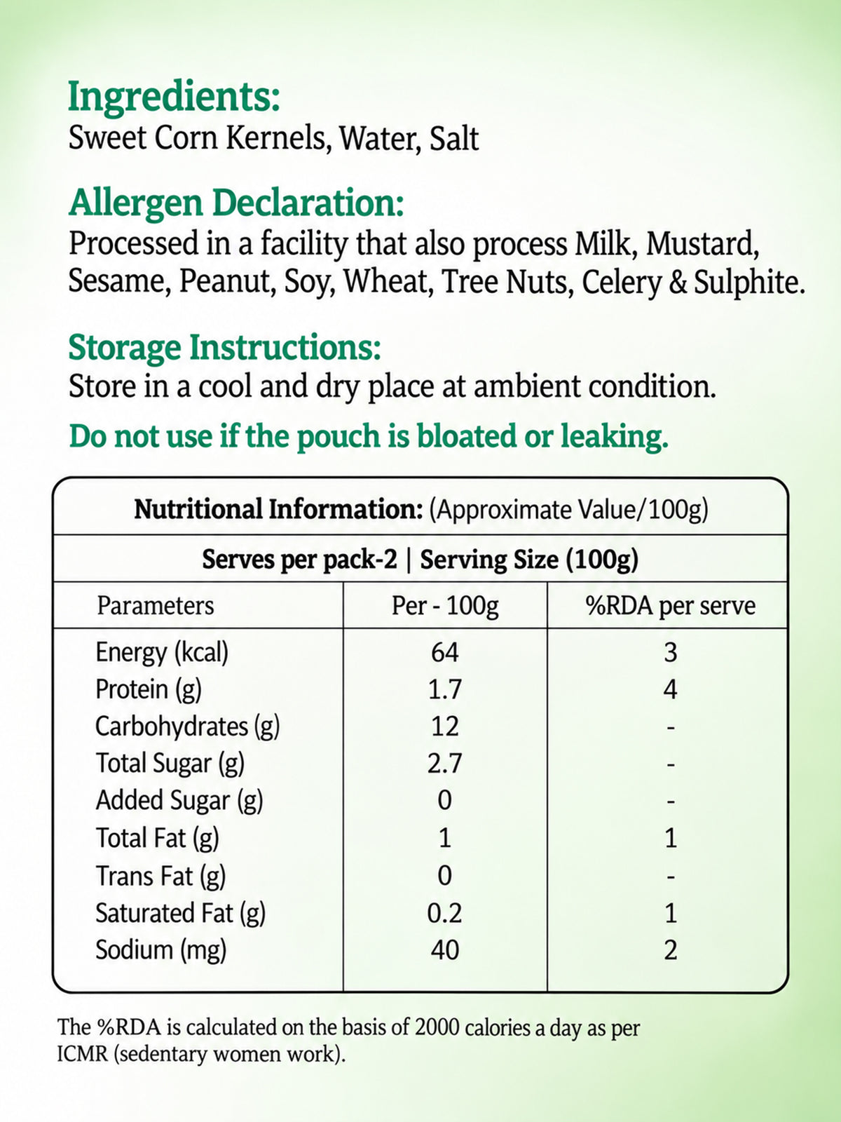 Cooked Sweet Corn 1 nutrition facts