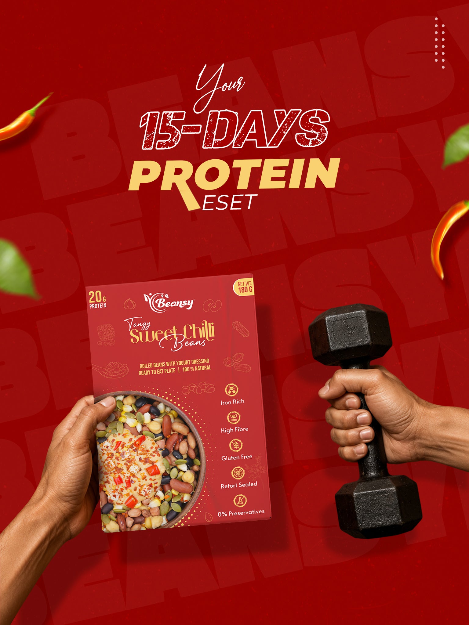 Red protein package with a dumbbell on a red background, promoting a 15-day protein reset.