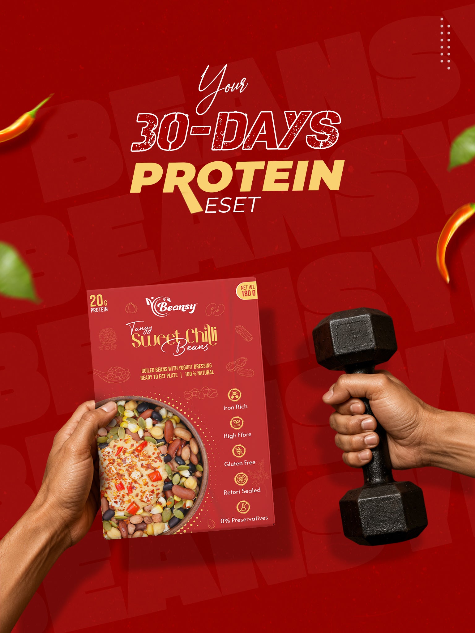 Protein package and dumbbell on a red background with '30 Days Protein Reset' text.