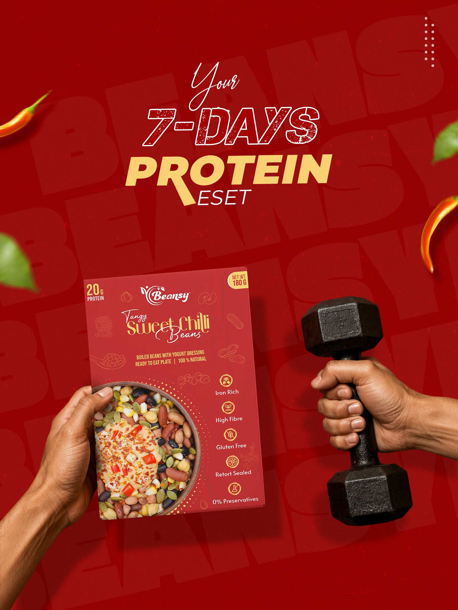 Red protein package with a dumbbell on a red background, promoting a 7-day protein reset.