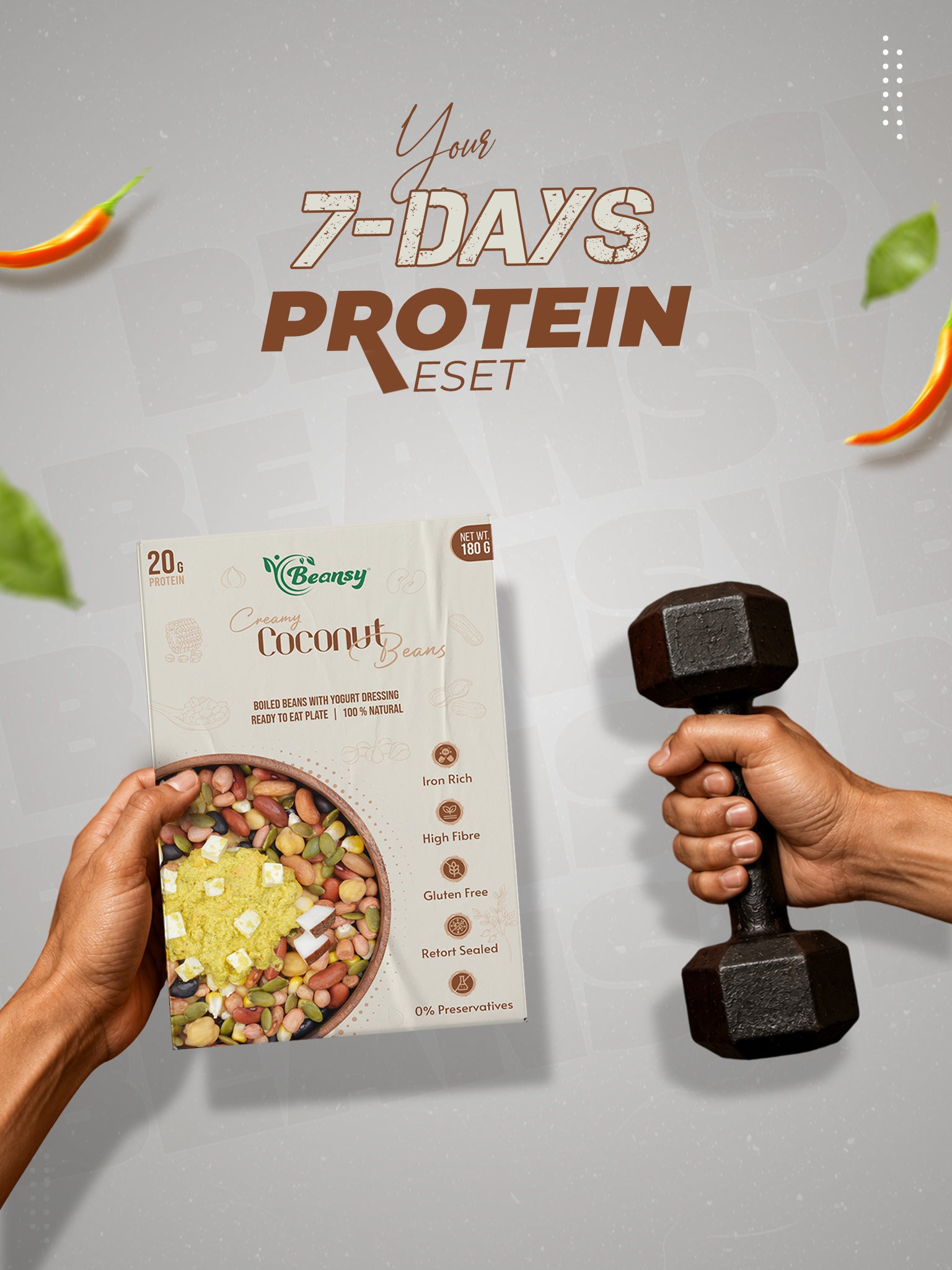 Protein powder package with a dumbbell on a gray background, promoting a 7-day protein reset.