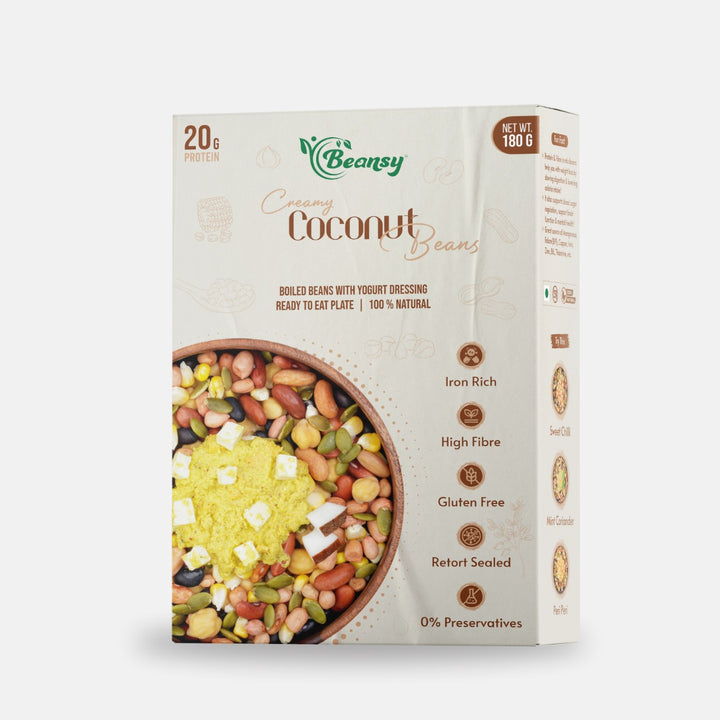 Beansy Creamy Coconut Beans pack with nutrition information