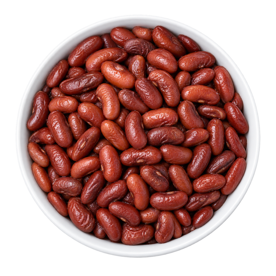 Overhead view of plain cooked Rajma red kidney beans in a white ceramic bowl