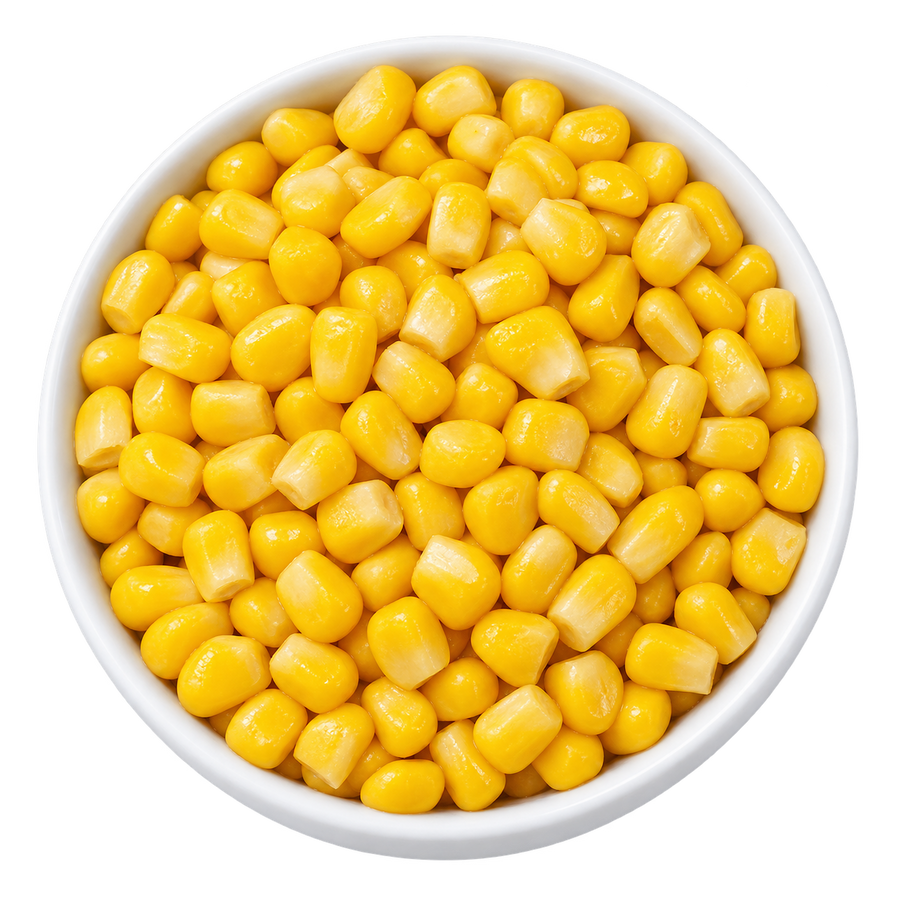 Overhead view of plain cooked golden sweet corn kernels in a white ceramic bowl