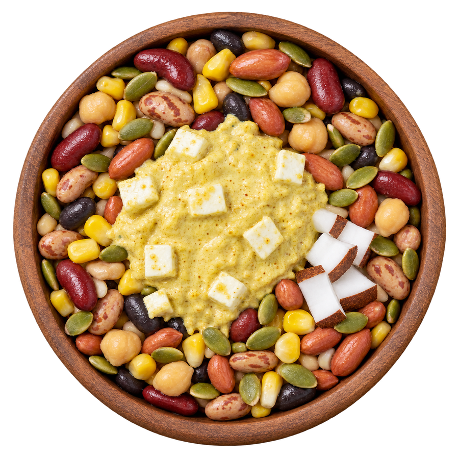 Overhead view of mixed beans, chickpeas, corn, groundnuts and pumpkin seeds in a brown bowl, topped with creamy coconut yogurt, paneer and coconut pieces