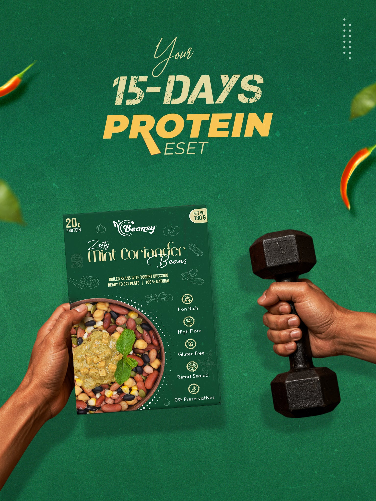 Protein package held by a hand with a dumbbell on a green background, promoting '15-Days Protein Eset'.