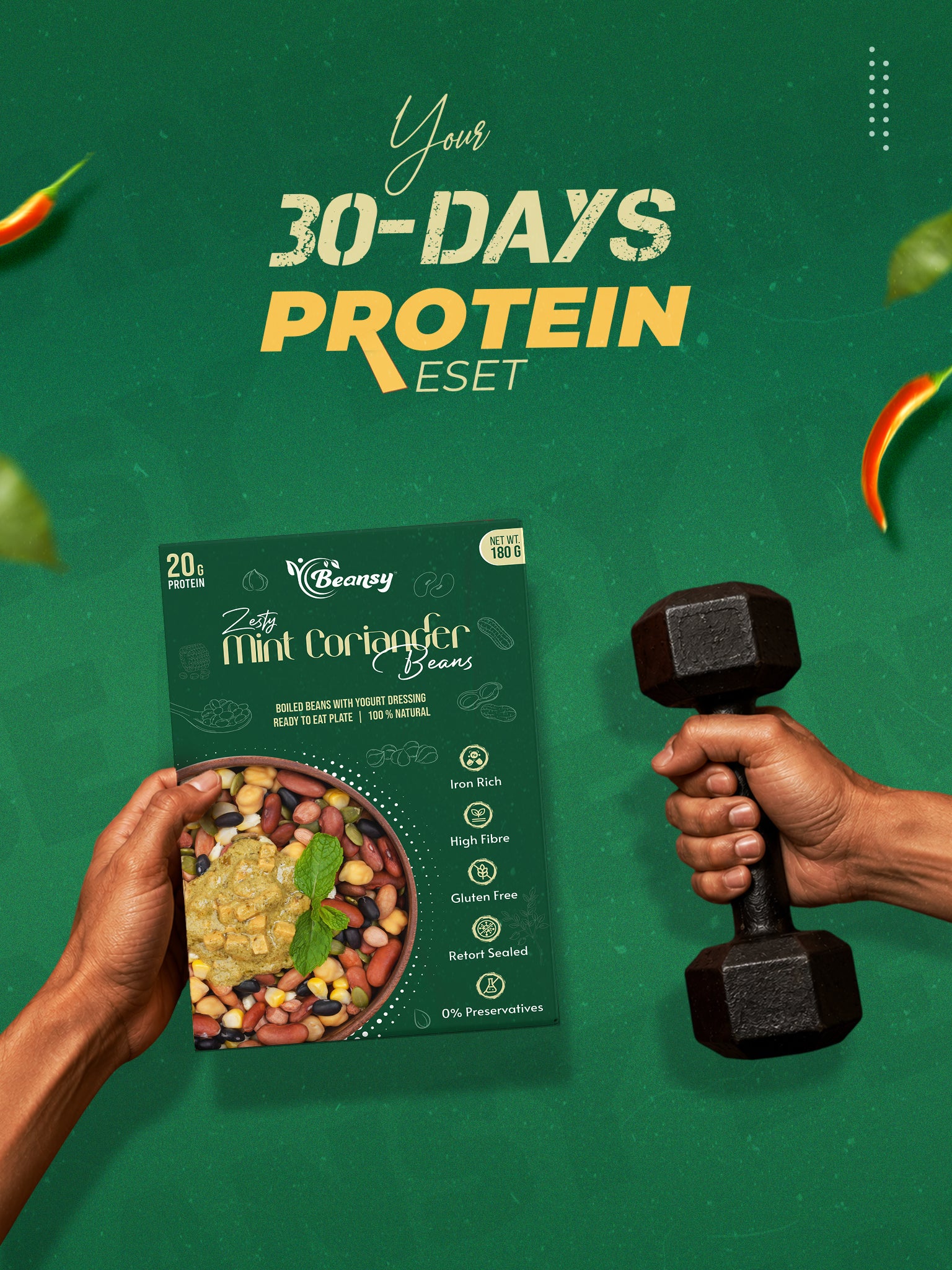 Protein package held by a hand with a dumbbell on a green background, promoting '30 Days Protein Eset'.