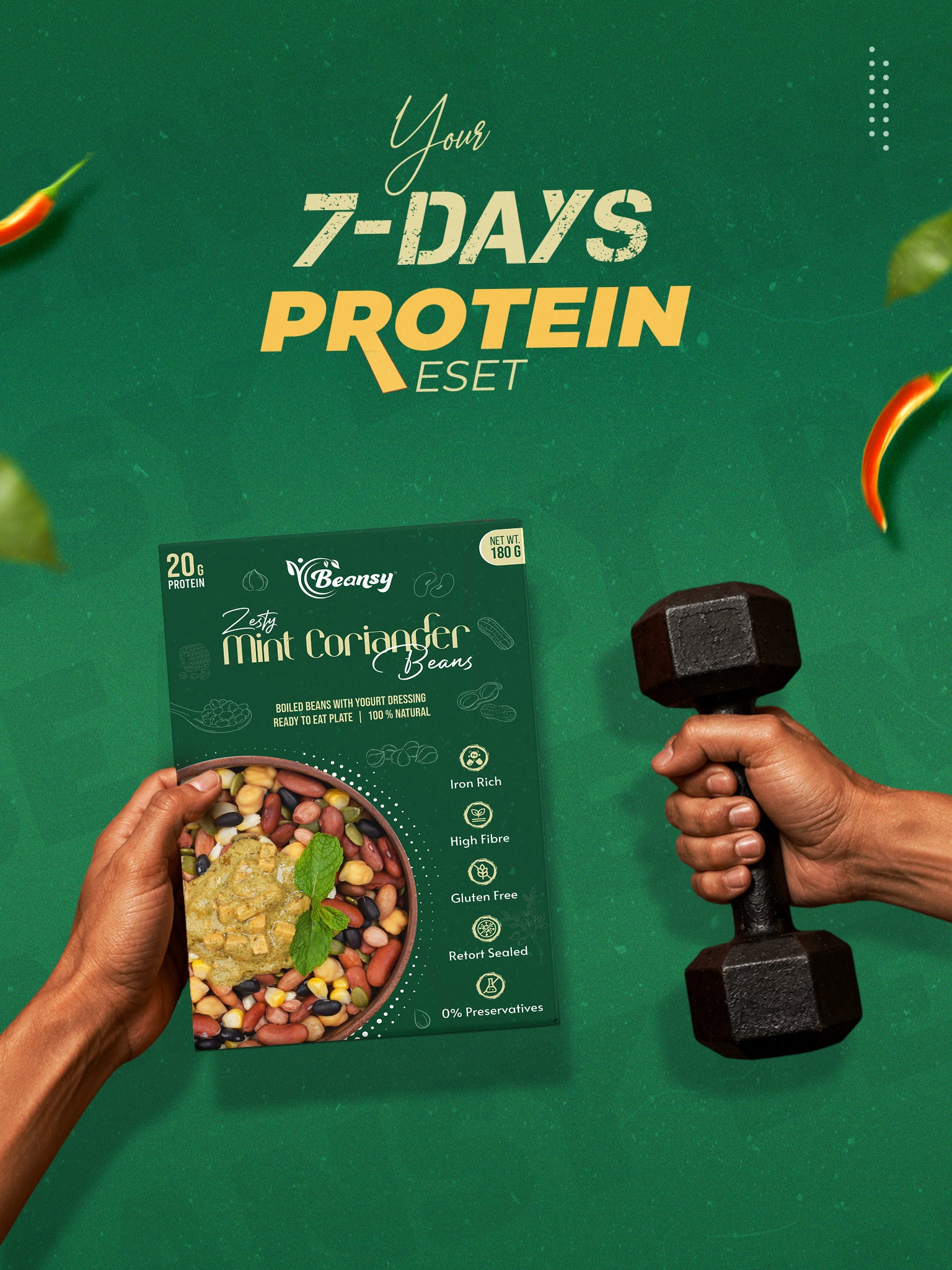 Protein package held by a hand with a dumbbell on a green background, promoting 'Your 7-Days Protein Eset'.