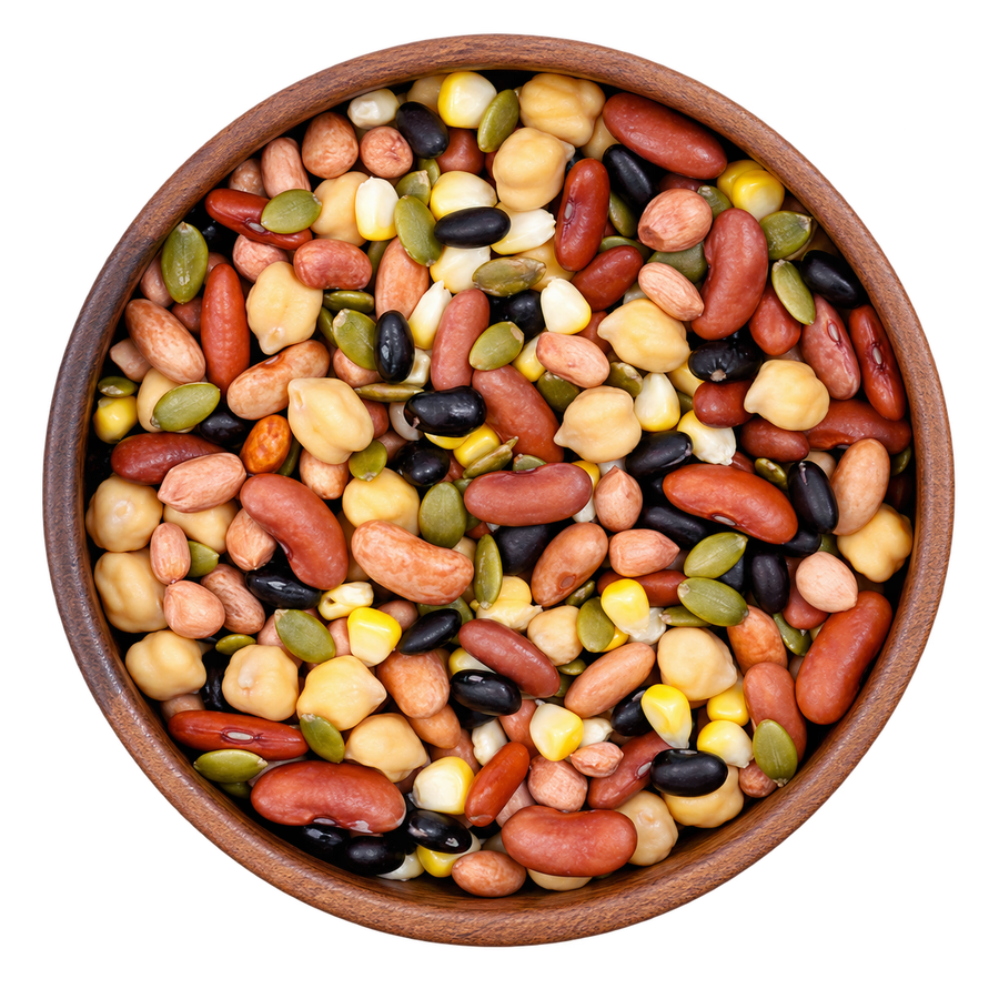 Overhead view of plain mixed boiled beans, chickpeas, corn, groundnuts and pumpkin seeds in a brown wooden bowl