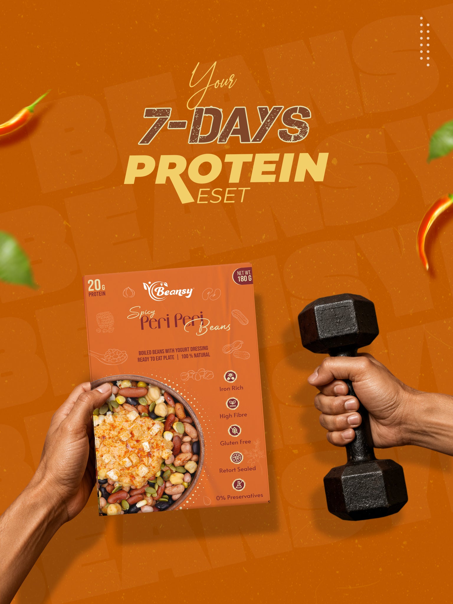 Protein powder package and dumbbell on an orange background with '7-Days Protein Reset' text.