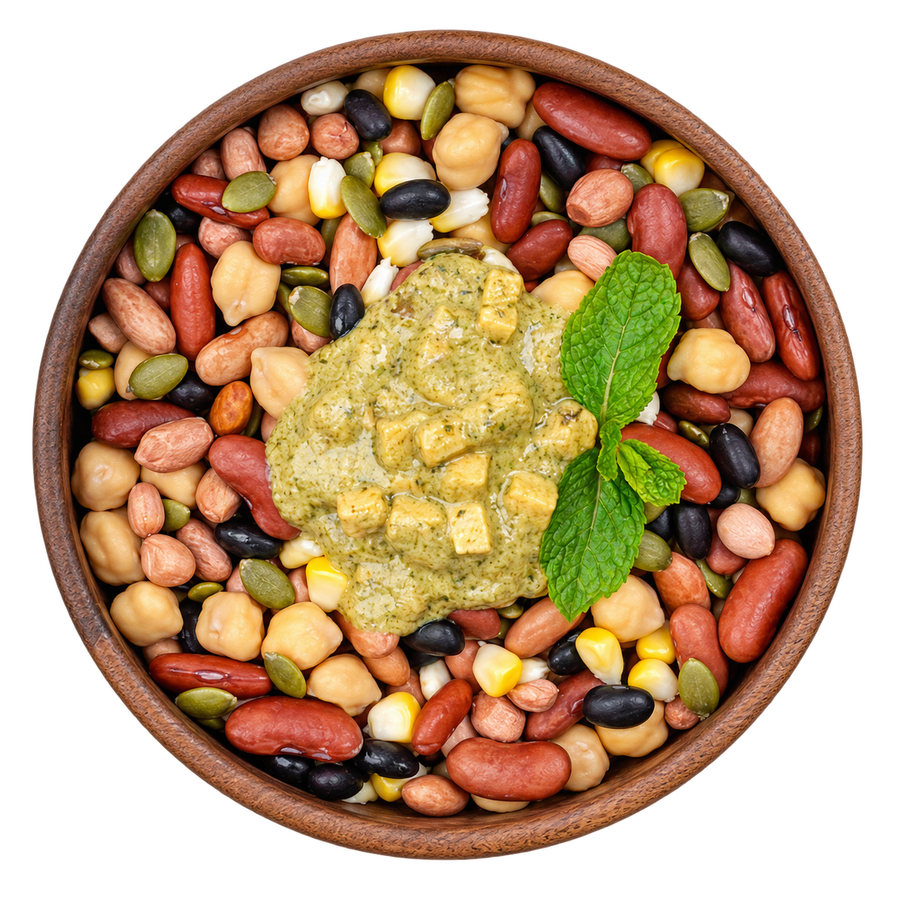 Overhead view of mixed beans, chickpeas, corn, groundnuts and pumpkin seeds in a brown bowl, topped with mint coriander yogurt, paneer and fresh mint